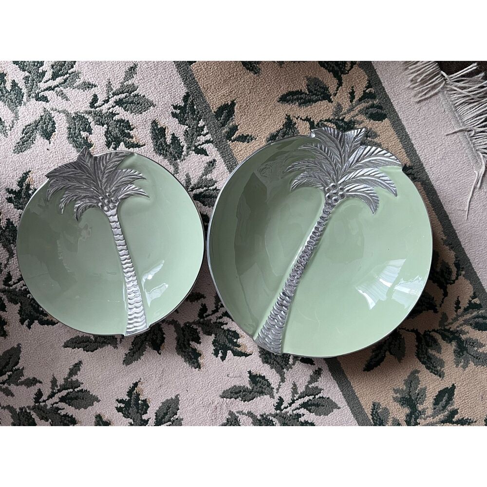 Lavar a la Main Green Porcelain Lined Silver Metal Palm Tree Serving Bowls